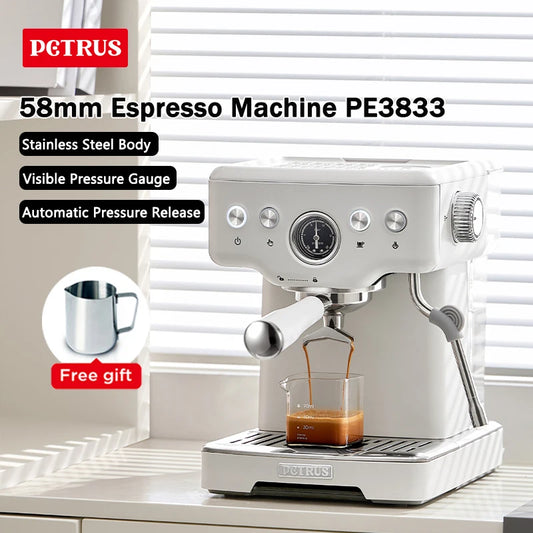 Petrus Espresso Coffee Machine Stainless Steel Coffee Maker With 58MM Portafilter Commercial Steam Wand Milk Frother(220V)