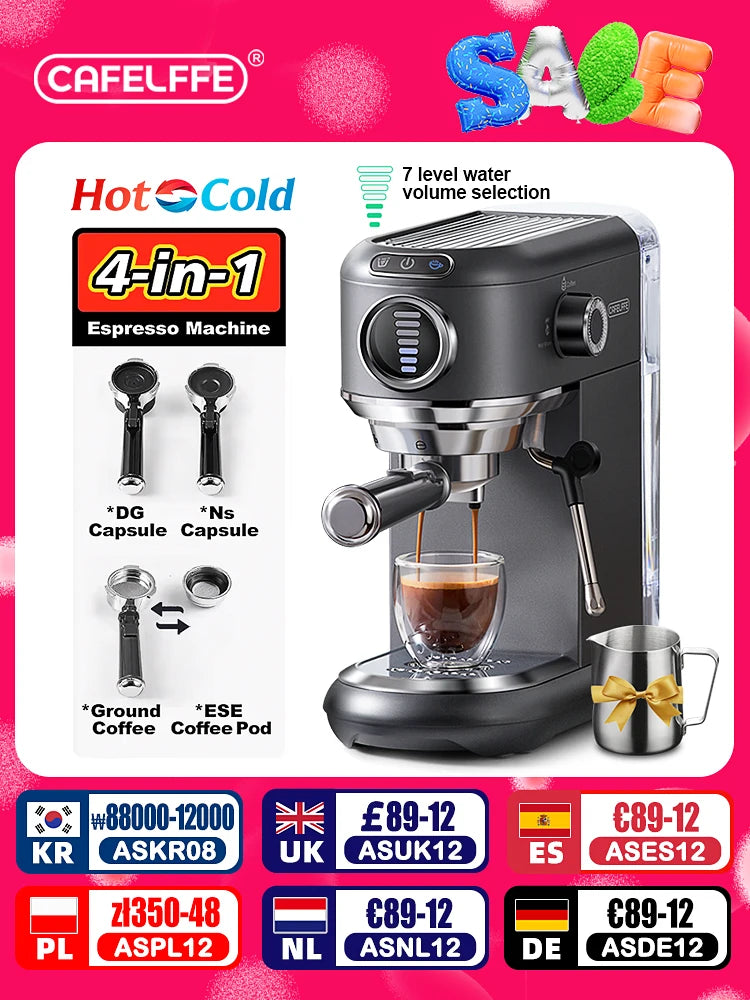 Cafelffe 4in1 Cafetera Cappuccino Coffee Machine Dolce gusto Nes Capsule Espresso Maker ESE Pod Ground Gift for Lover,Dad,Mom