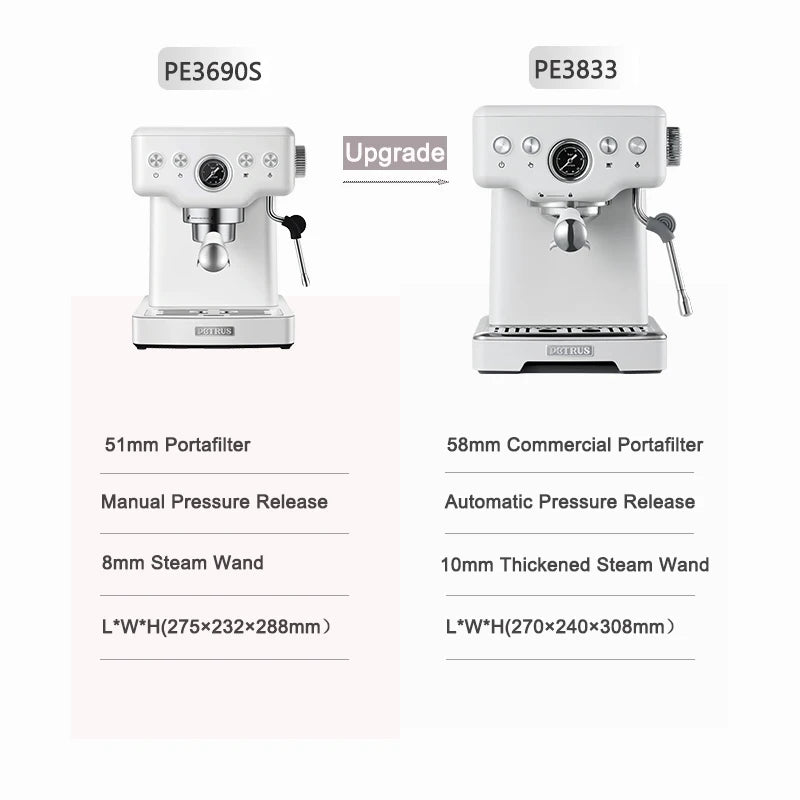 Petrus Espresso Coffee Machine Stainless Steel Coffee Maker With 58MM Portafilter Commercial Steam Wand Milk Frother(220V)